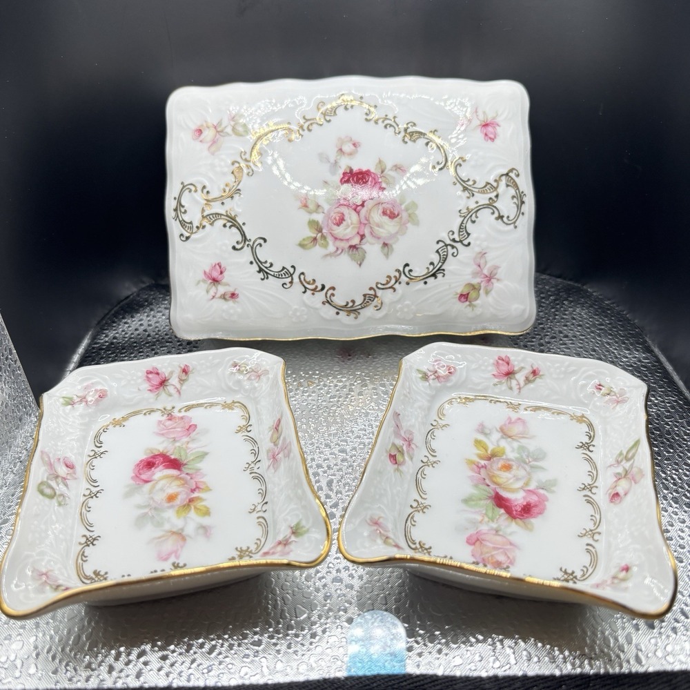VTG Schumann Bavaria Arzberg GermanyPorcelain Trinket Box & 6 Pin Dishes Gold